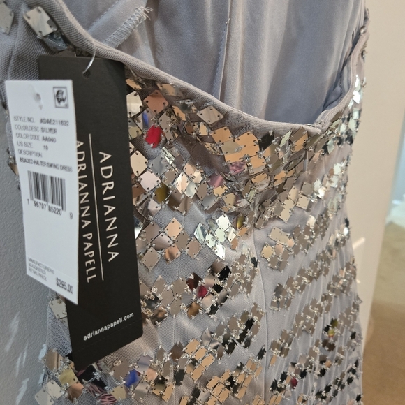 Adrianna Papell Silver Halter Sequined Mini Cocktail/Party Swing Dress Sz 10 NEW - Picture 9 of 13